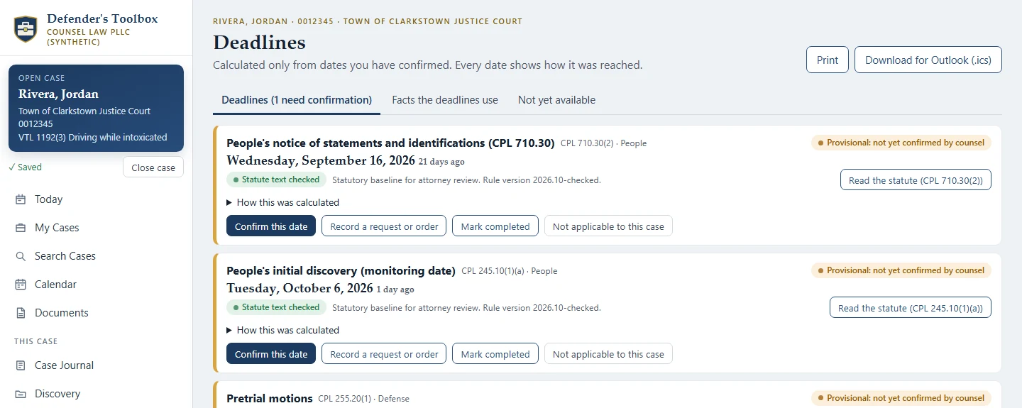 Defender's Toolbox deadlines for a sample case, each with its statute, rule version and confirmation status