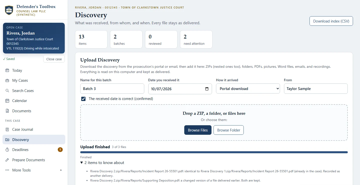 Defender's Toolbox discovery upload with batch details and a drop zone