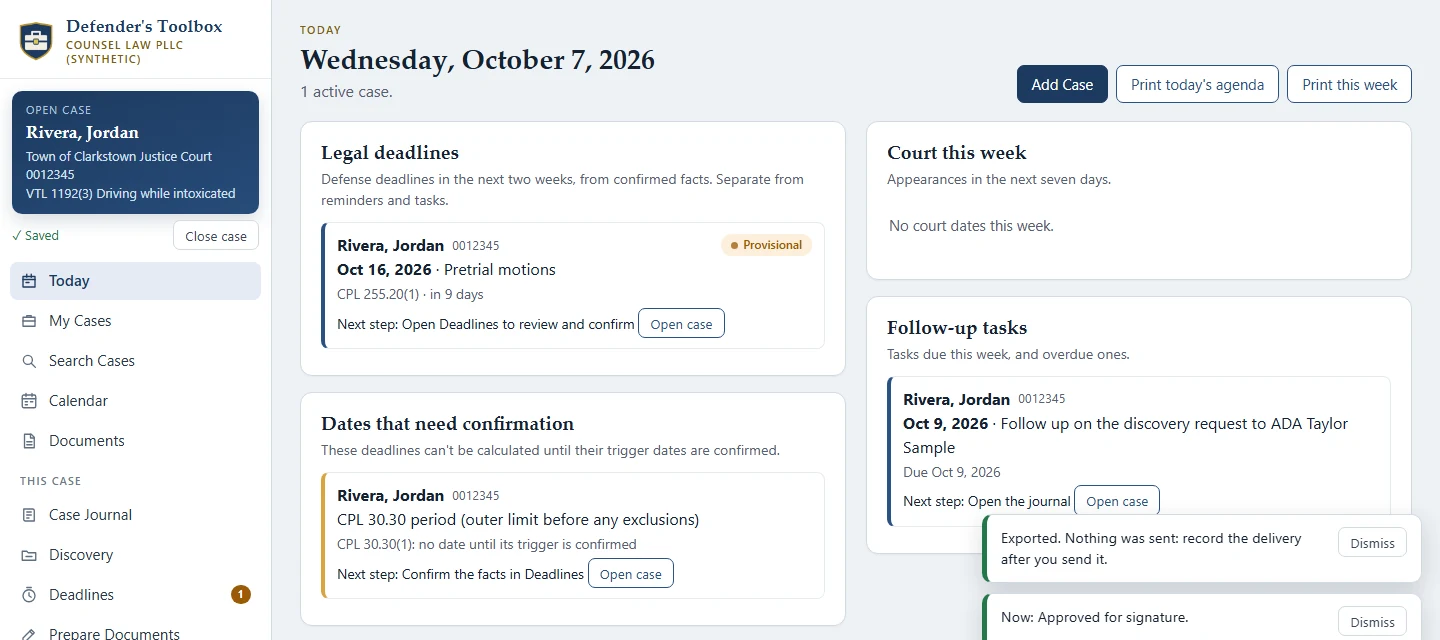Defender's Toolbox Today page with legal deadlines, dates needing confirmation, and follow-up tasks