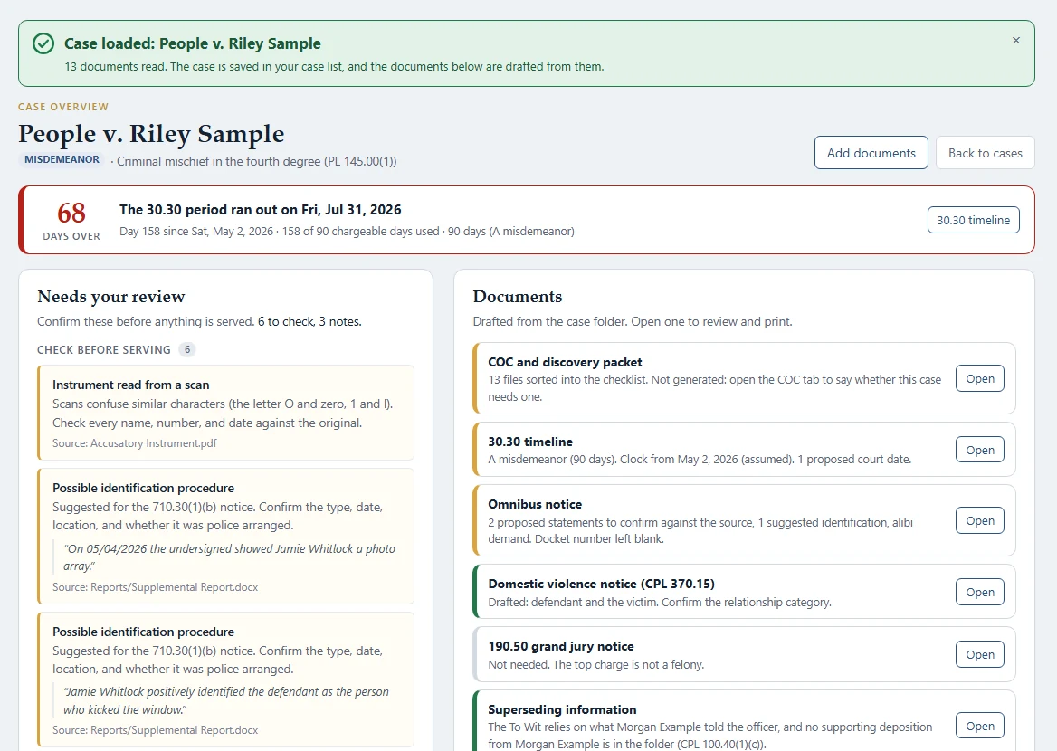 Prosecutor's Toolbox case overview for a sample case: the 30.30 clock, the review list, and drafted documents